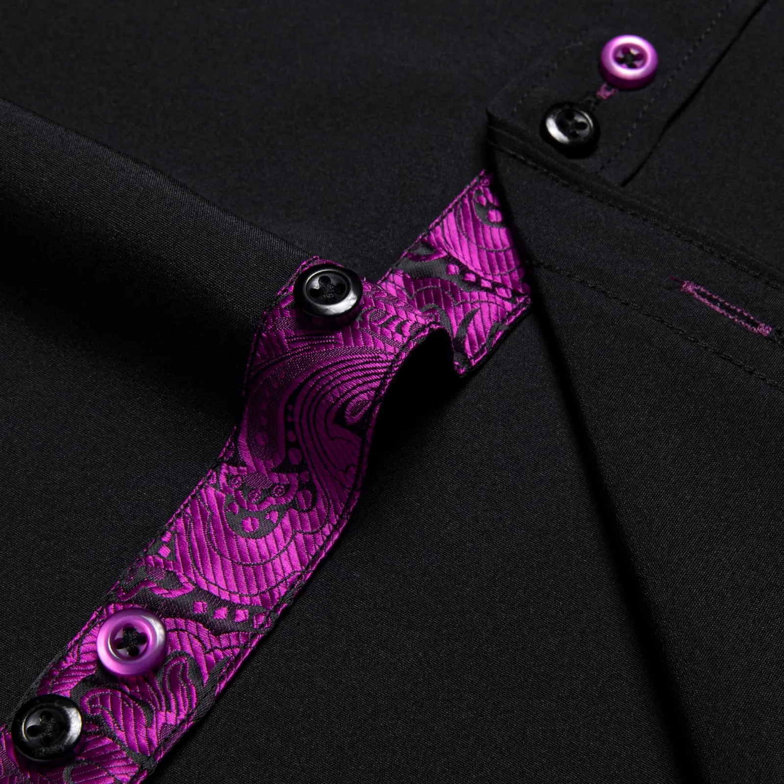 Ties2you Dress Shirt for Men Black Solid Purple Splicing Silk Long Sleeve Shirt