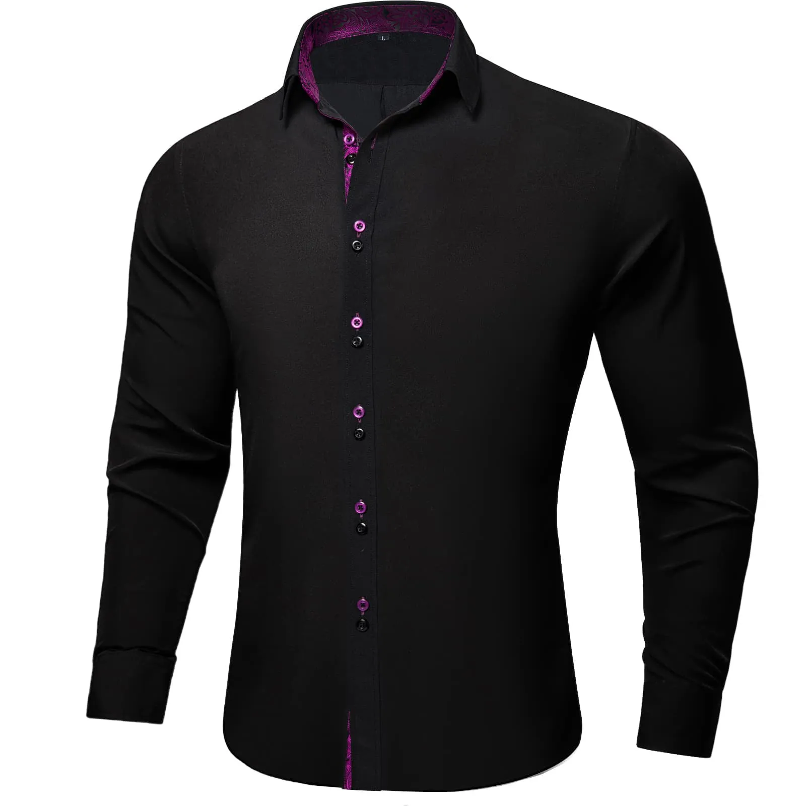 Ties2you Dress Shirt for Men Black Solid Purple Splicing Silk Long Sleeve Shirt