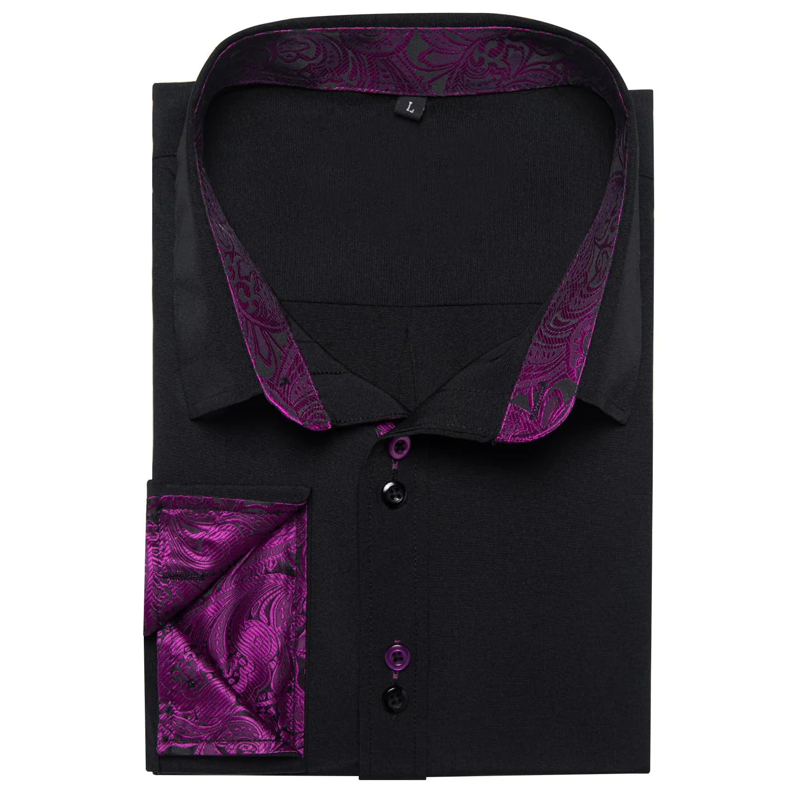 Ties2you Dress Shirt for Men Black Solid Purple Splicing Silk Long Sleeve Shirt