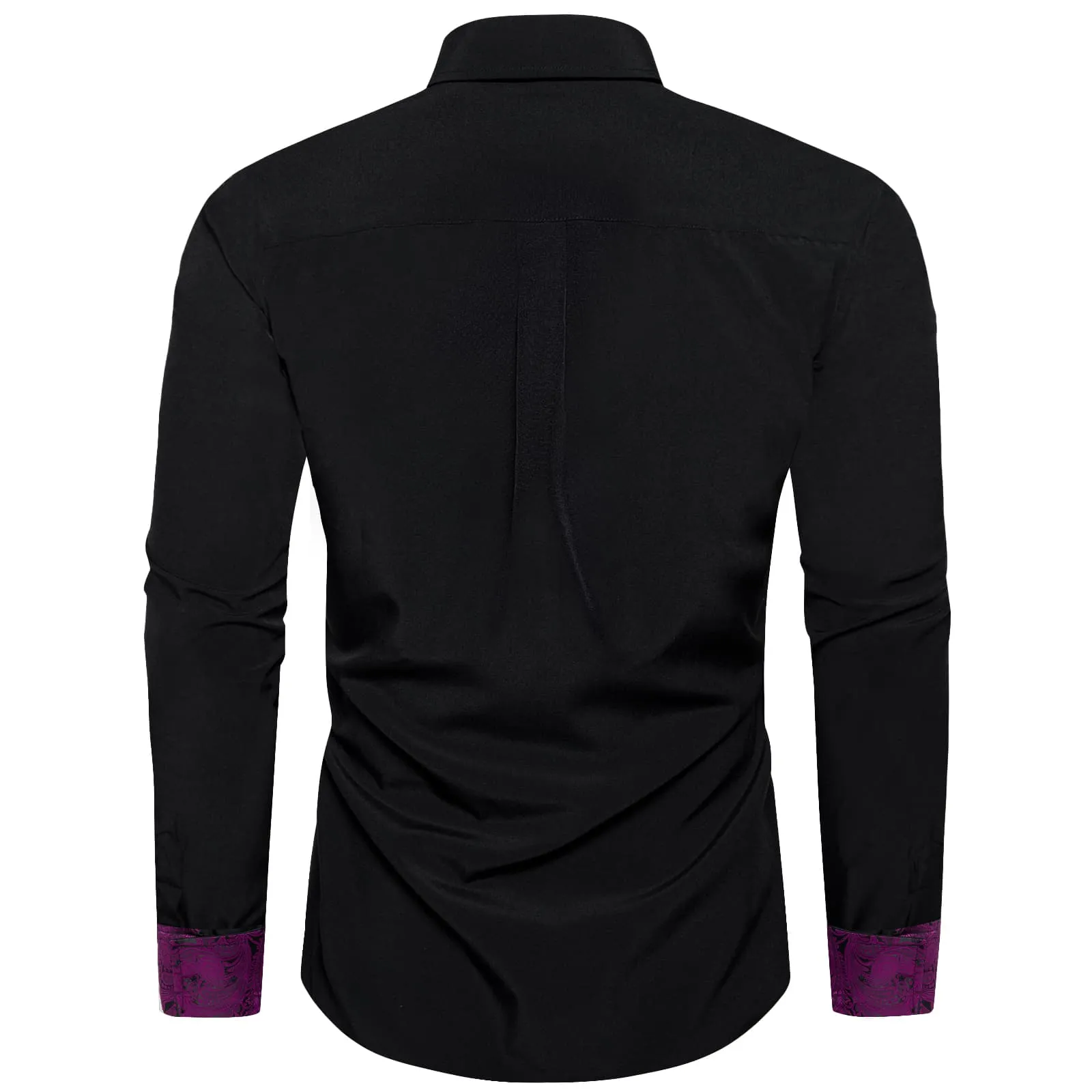 Ties2you Dress Shirt for Men Black Solid Purple Splicing Silk Long Sleeve Shirt