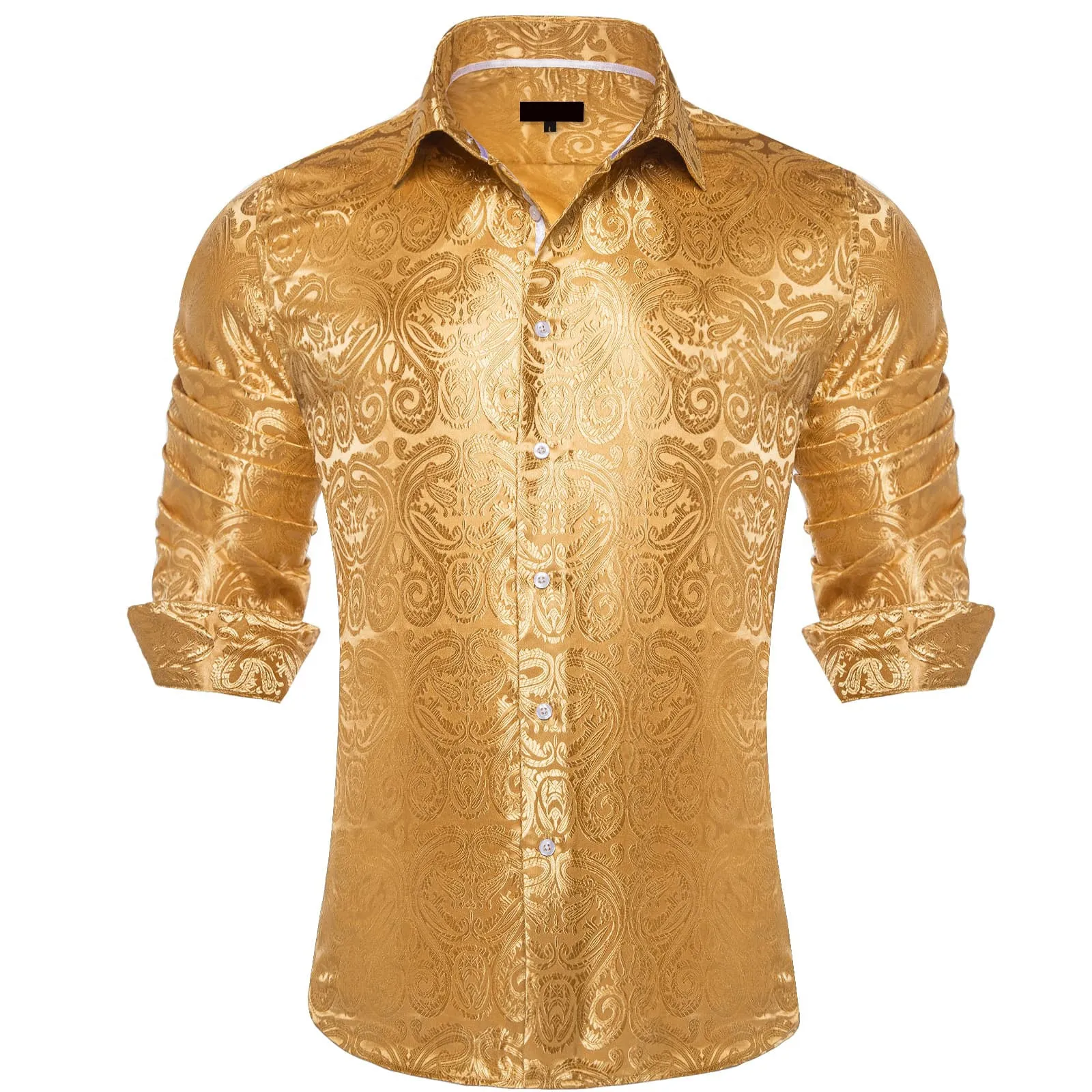 Ties2you Dress Shirt Indian Yellow Paisley Long Sleeve Button Up Silk Shirt for Men