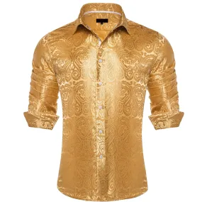 Ties2you Dress Shirt Indian Yellow Paisley Long Sleeve Button Up Silk Shirt for Men