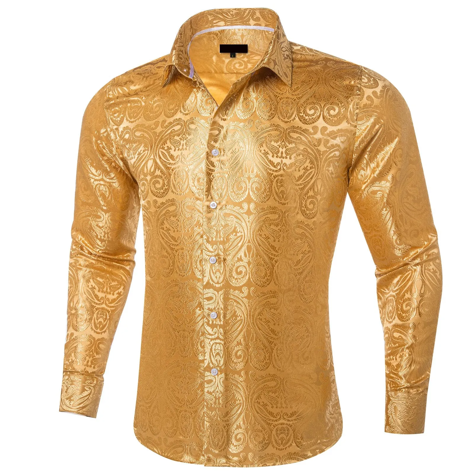 Ties2you Dress Shirt Indian Yellow Paisley Long Sleeve Button Up Silk Shirt for Men