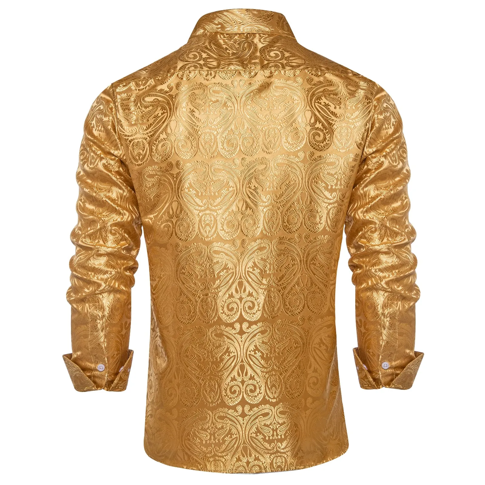 Ties2you Dress Shirt Indian Yellow Paisley Long Sleeve Button Up Silk Shirt for Men