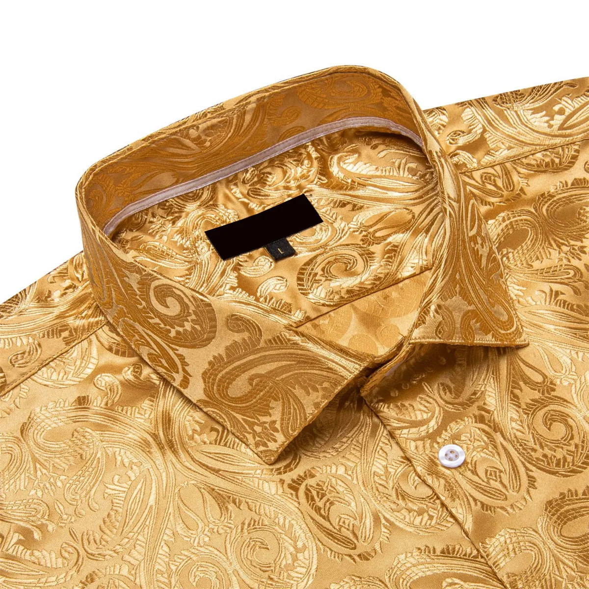 Ties2you Dress Shirt Indian Yellow Paisley Long Sleeve Button Up Silk Shirt for Men