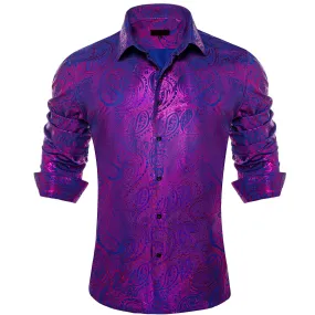 Ties2you Dress Shirt Purple Blue Paisley Hot Stamping Long Sleeve Mens Shirt