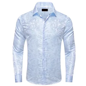 Ties2you Dress Shirt Sky Blue Floral Silk Long Sleeve Button Up Shirt for Men