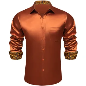 Ties2you Men's Shirt  Burnt Orange Satin Solid Long Sleeve Button Up Shirt