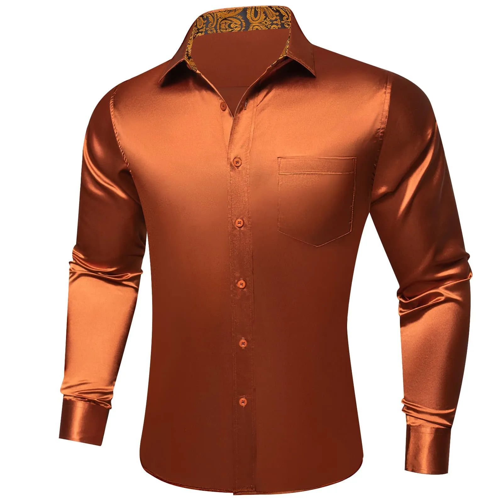 Ties2you Men's Shirt  Burnt Orange Satin Solid Long Sleeve Button Up Shirt