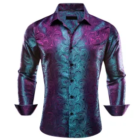 Ties2you Work Shirt Purple Teal Paisley Silk Mens Button Down Long Sleeve Dress Shirt Top