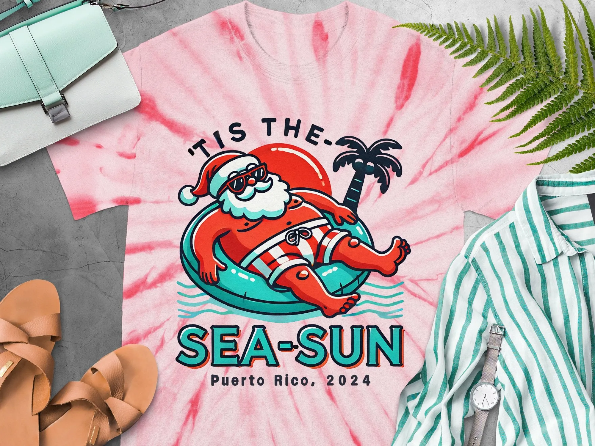 Tis the Sea-Sun, Custom Christmas Holidays 2024, Personalized Santa Vacation Unisex T-Shirts