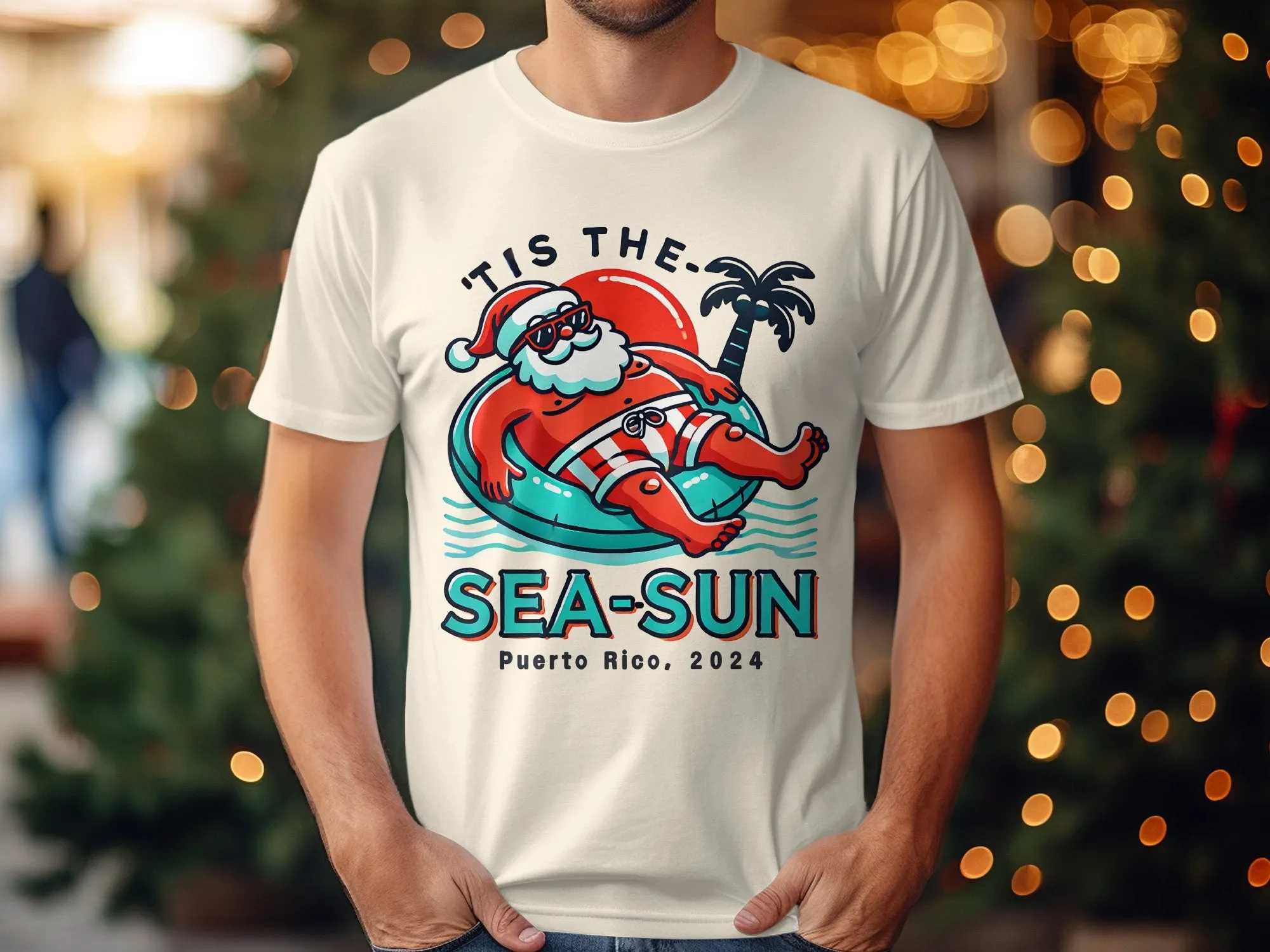 Tis the Sea-Sun, Custom Christmas Holidays 2024, Personalized Santa Vacation Unisex T-Shirts