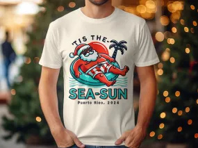 Tis the Sea-Sun, Custom Christmas Holidays 2024, Personalized Santa Vacation Unisex T-Shirts