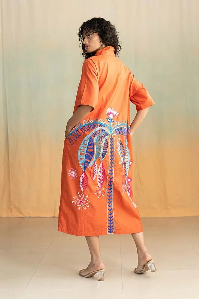 Toddy Palm Embroidered Midi Dress (Radiant Rust)