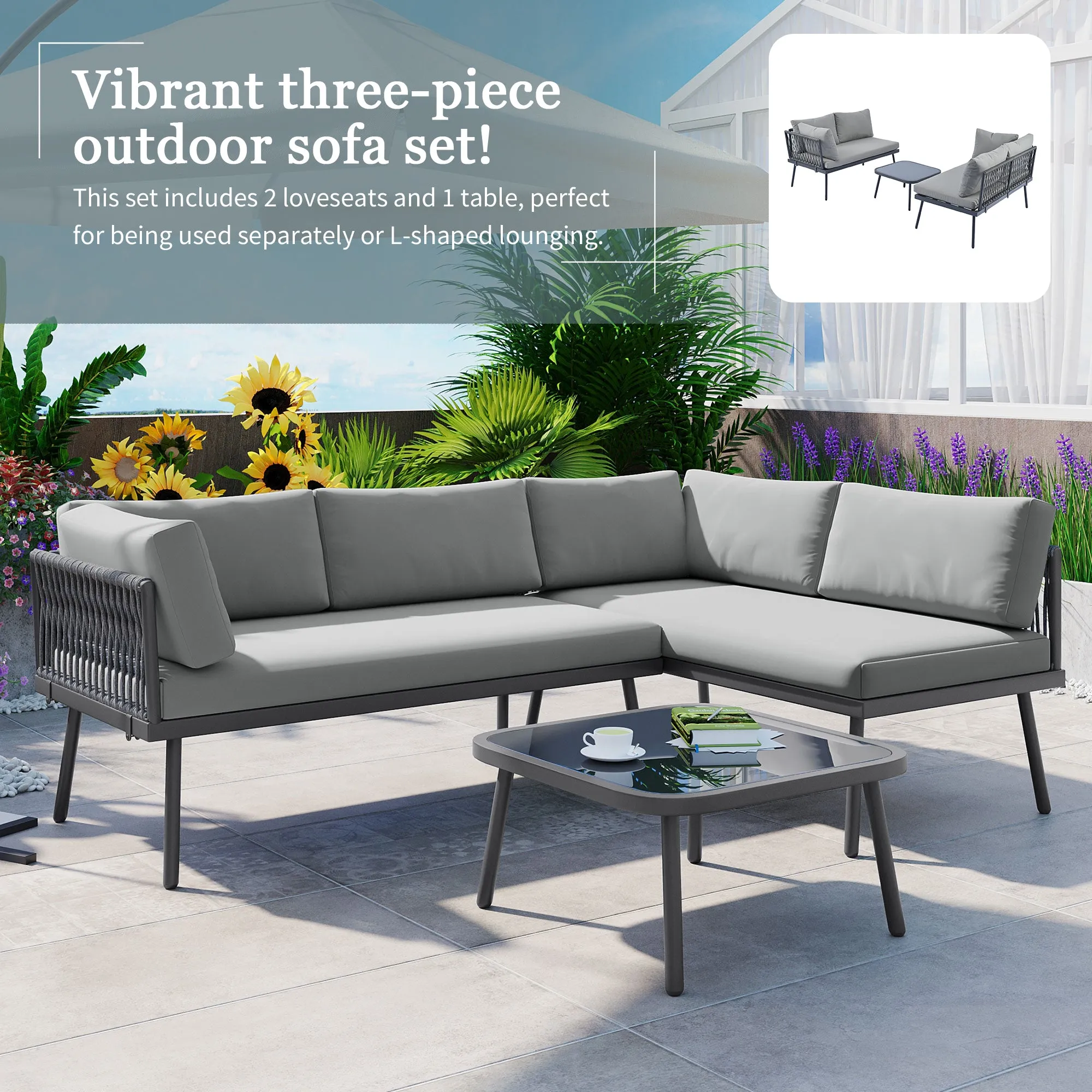 TOPMAX Modern Outdoor 3-Piece PE Rattan Sofa Set