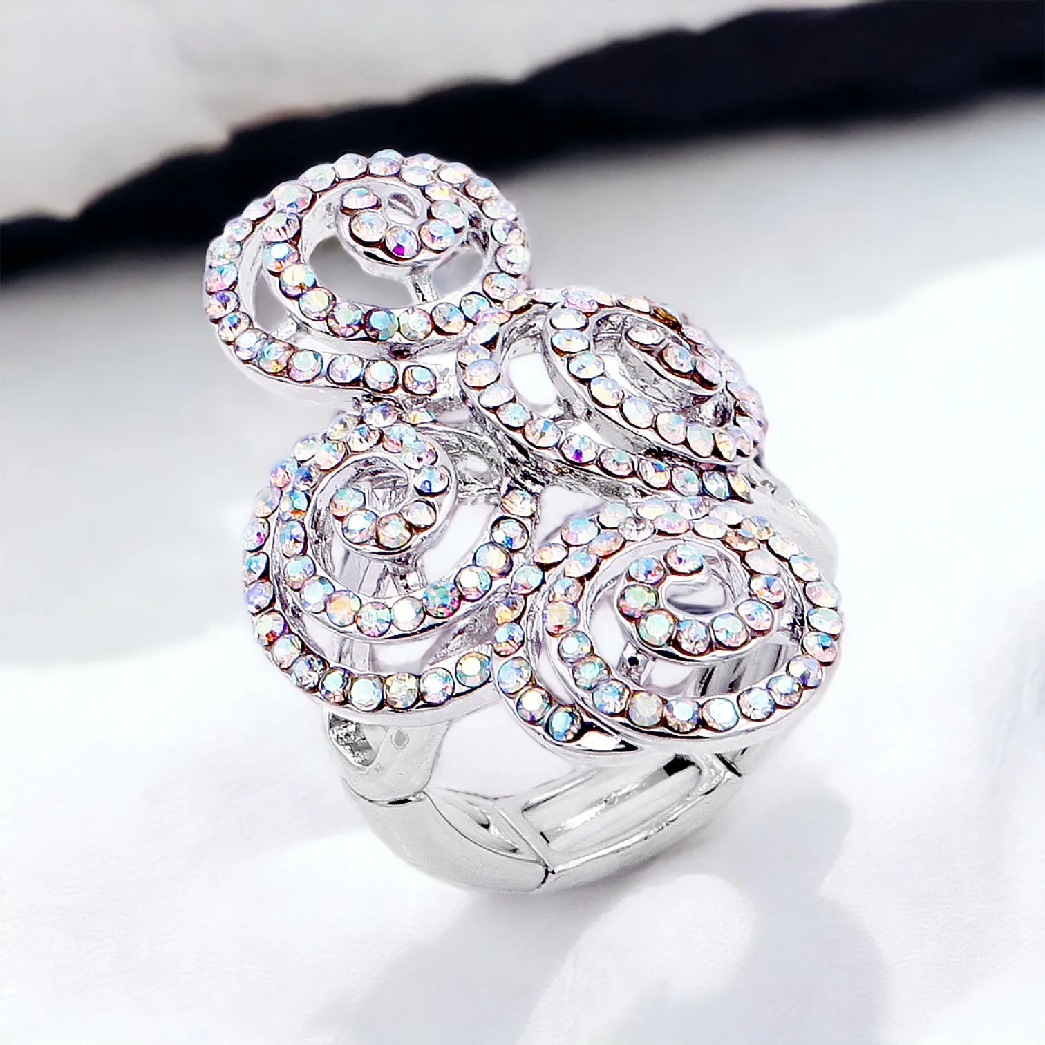 Twilight - AB Silver swirl pave rhinestone stretch ring