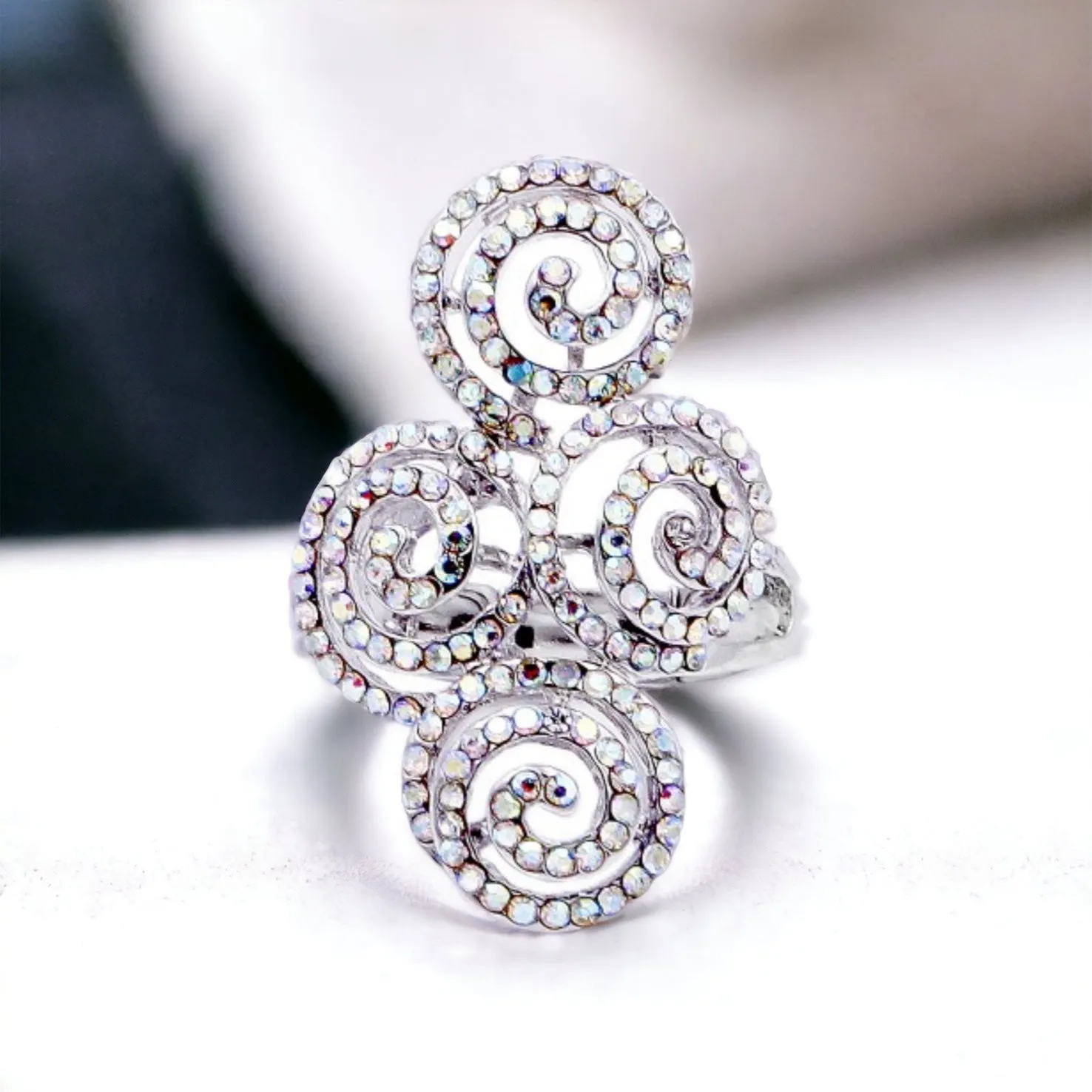 Twilight - AB Silver swirl pave rhinestone stretch ring