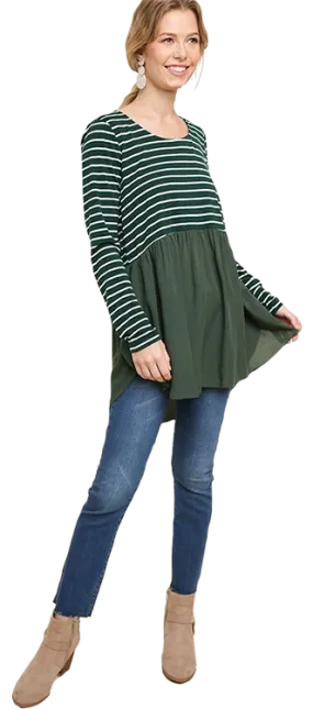 Umgee Babydoll Forest Green Stripe Top