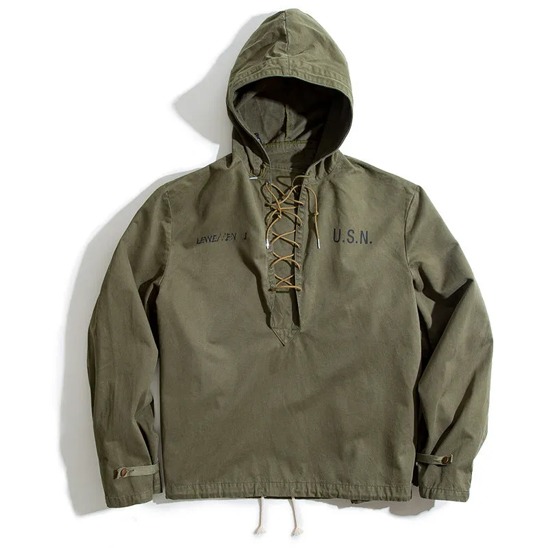 USN Wet Weather Parka Vintage Deck Jacket Pullover Lace Up WW2 Uniform Mens Navy Military Hooded Jacket Outwear