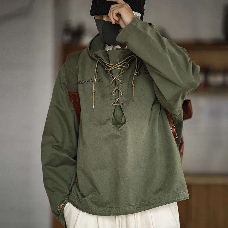 USN Wet Weather Parka Vintage Deck Jacket Pullover Lace Up WW2 Uniform Mens Navy Military Hooded Jacket Outwear