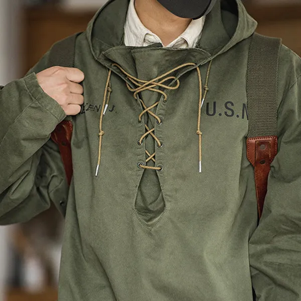 USN Wet Weather Parka Vintage Deck Jacket Pullover Lace Up WW2 Uniform Mens Navy Military Hooded Jacket Outwear