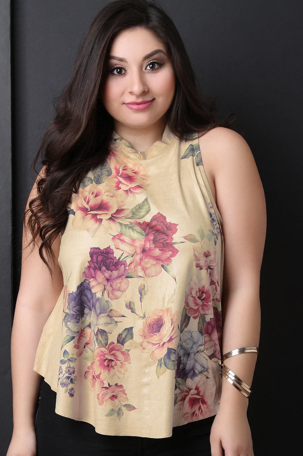 Vegan Suede Floral Sleeveless Top