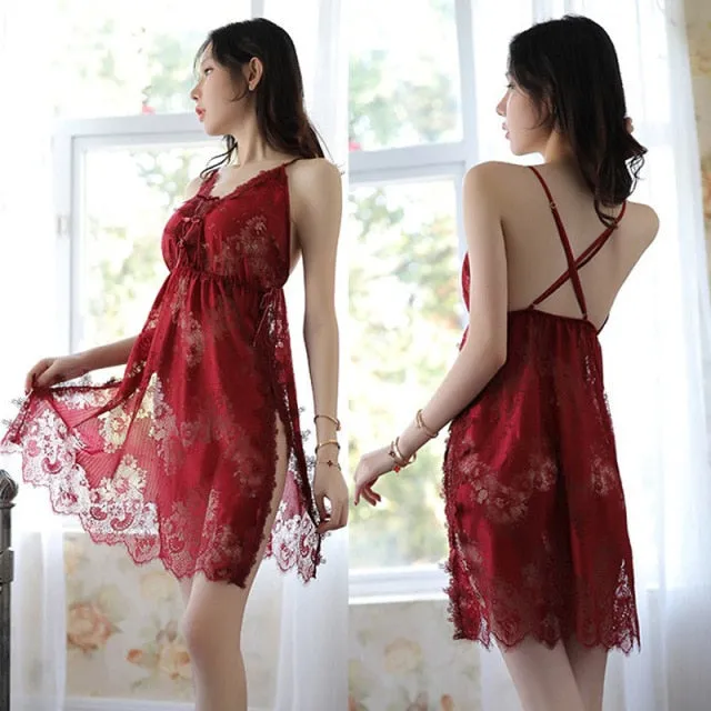 VenusFox Sexy Lingerie Nightgowns Autumn Suspender V-neck Long Nightdress Ladies Sleepwear Sling Lace Sheer Cross Erotic Night Sleep Dress