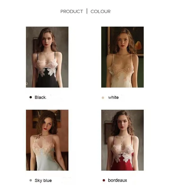 VenusFox Vestidos Sexy Mujer V-neck Lace Suspender Dresses For Women Satin Appliques Sexy Dress Robe Women's Underwear Nightdress Suit