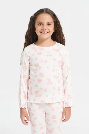 White Floral Aop Rib F/S T Shirt