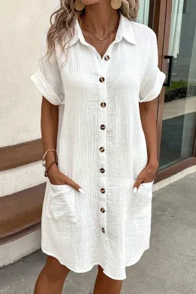 White Solid Color Button Front Roll Up Sleeve Shirt Midi Dress