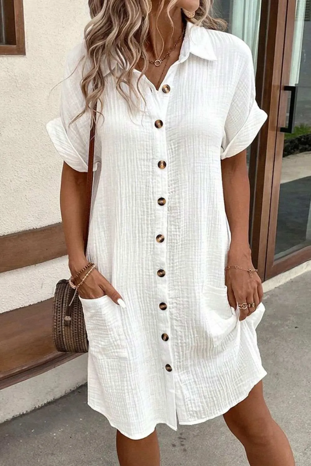 White Solid Color Button Front Roll Up Sleeve Shirt Midi Dress