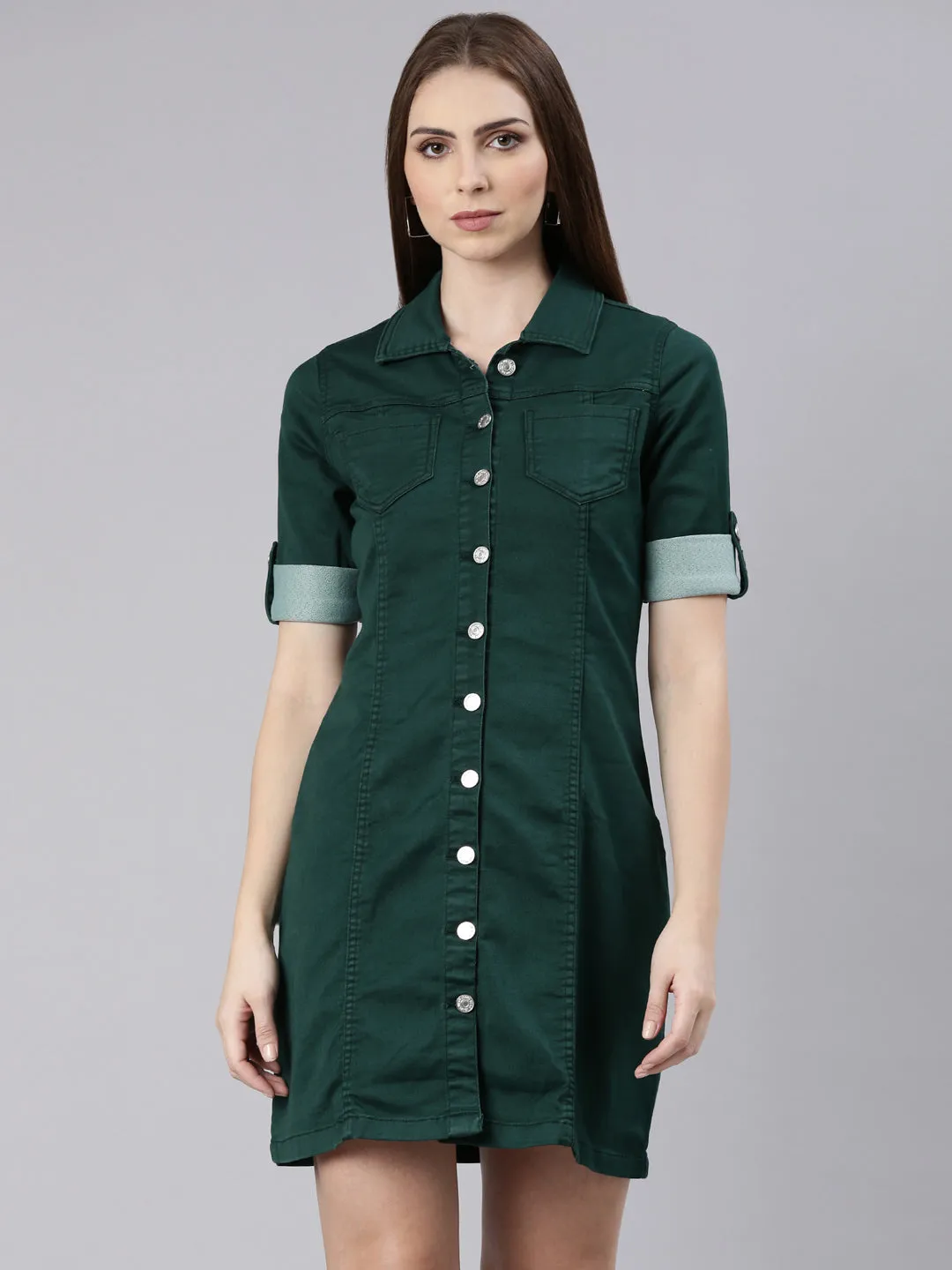 Women Green Solid Shirt Dress