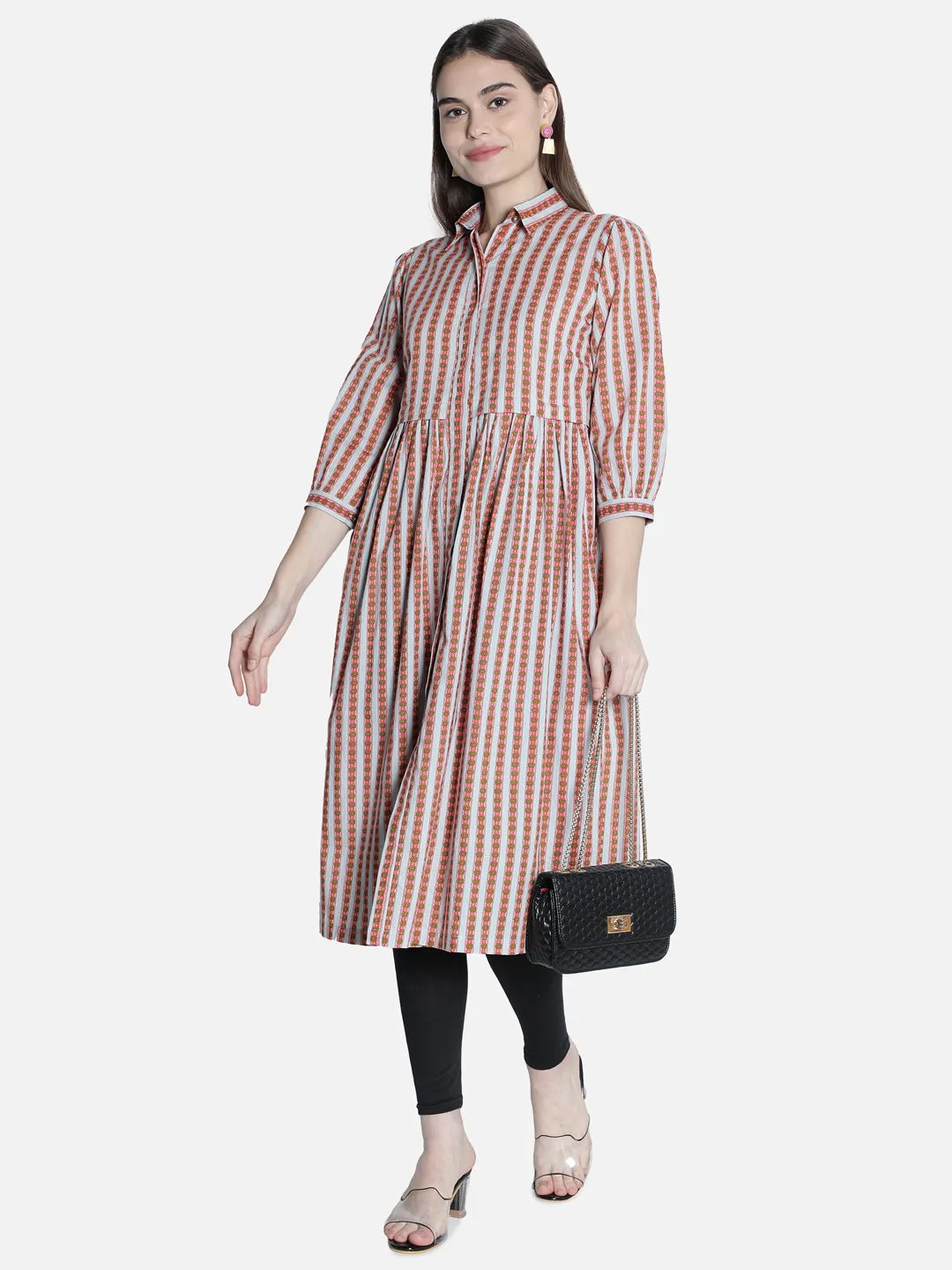 Women Grey Motif Stripe Dress