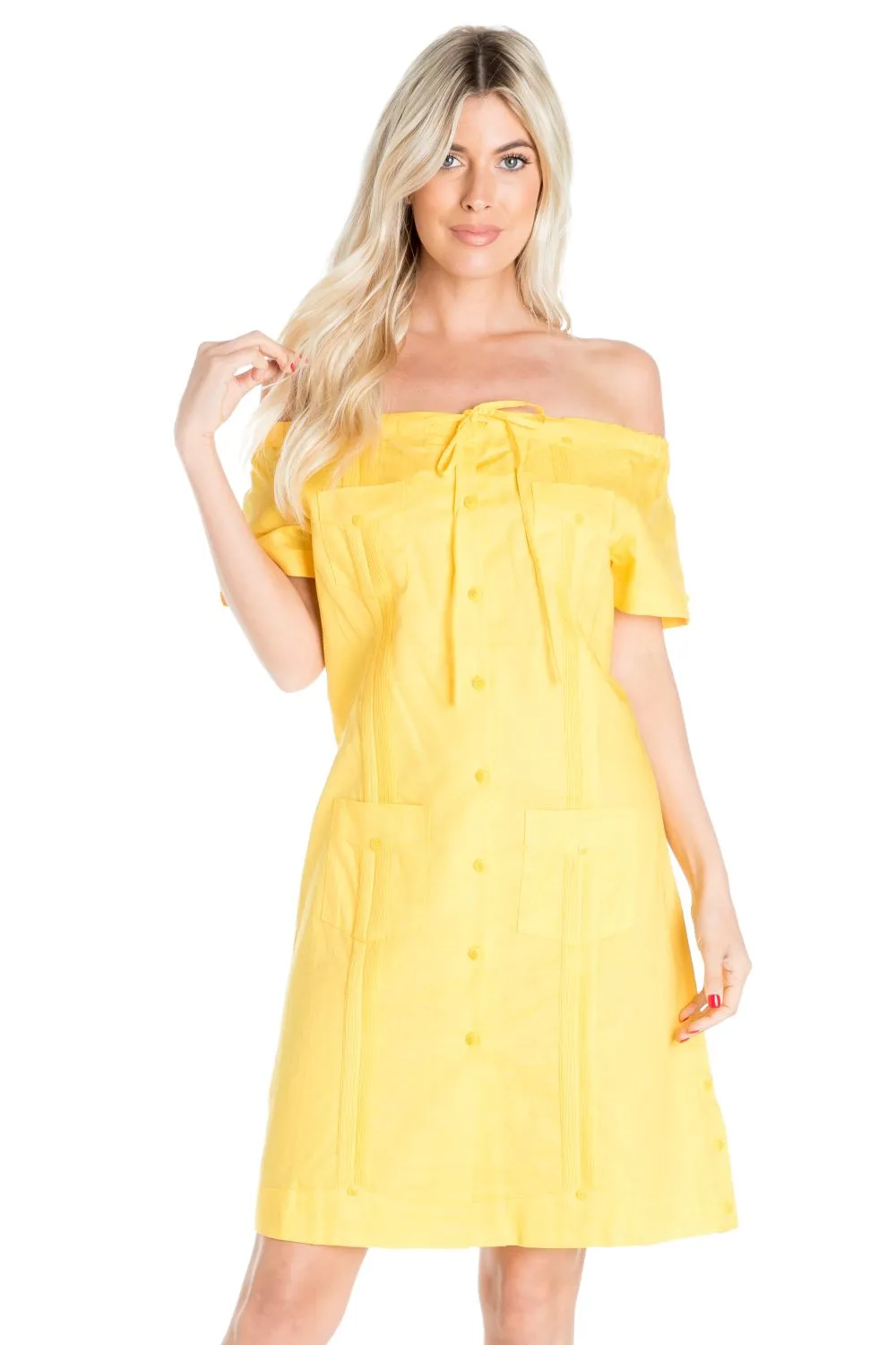 Women's Guayabera Dress Sexy Off Shoulder Linen Blend Button Down