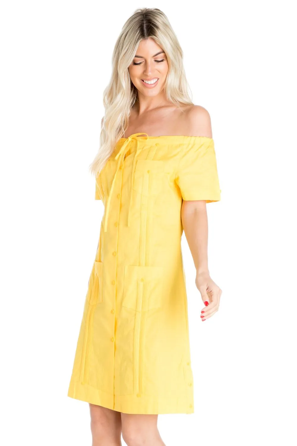Women's Guayabera Dress Sexy Off Shoulder Linen Blend Button Down