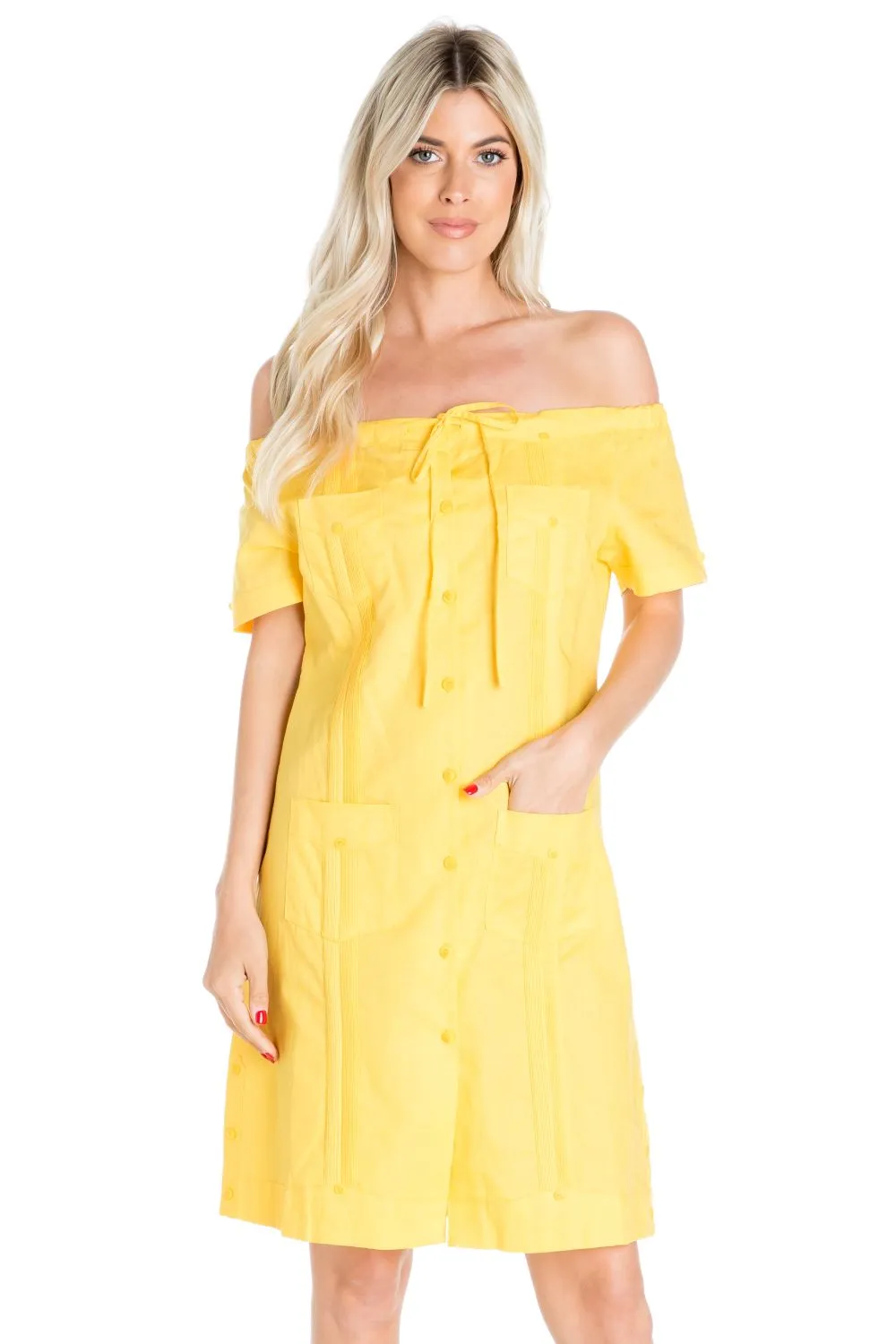 Women's Guayabera Dress Sexy Off Shoulder Linen Blend Button Down