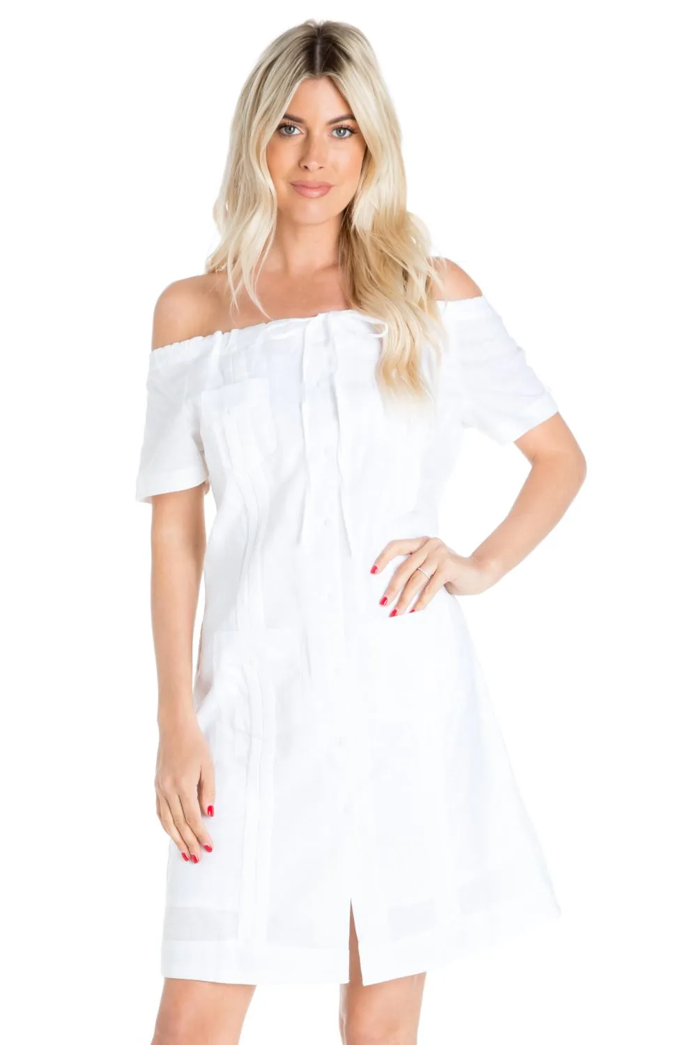 Women's Guayabera Dress Sexy Off Shoulder Linen Blend Button Down