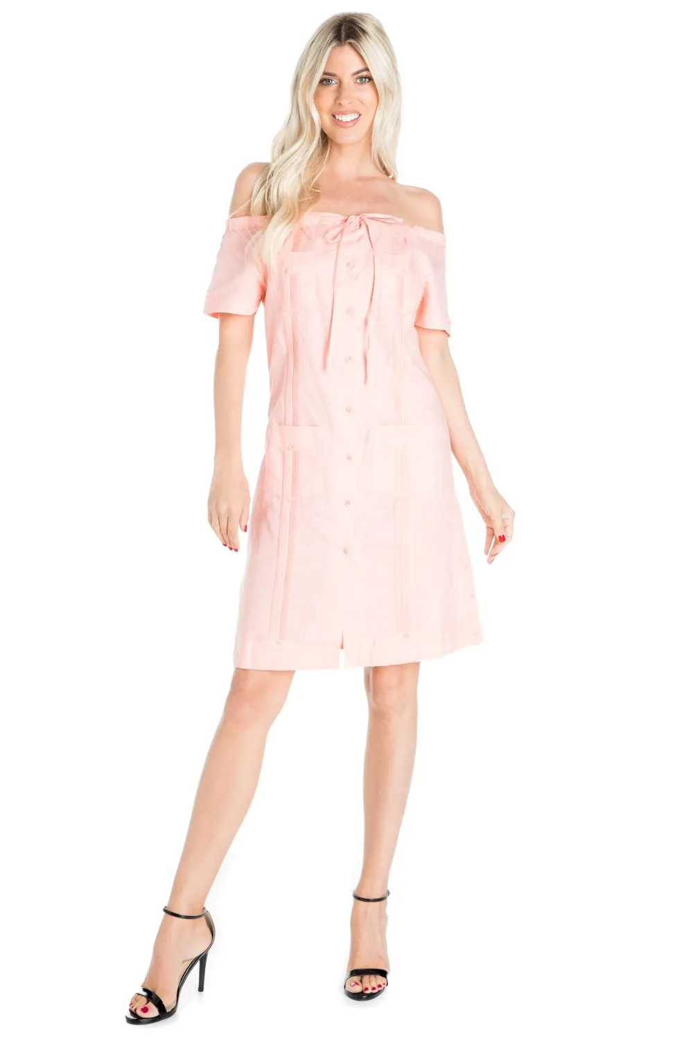 Women's Guayabera Dress Sexy Off Shoulder Linen Blend Button Down