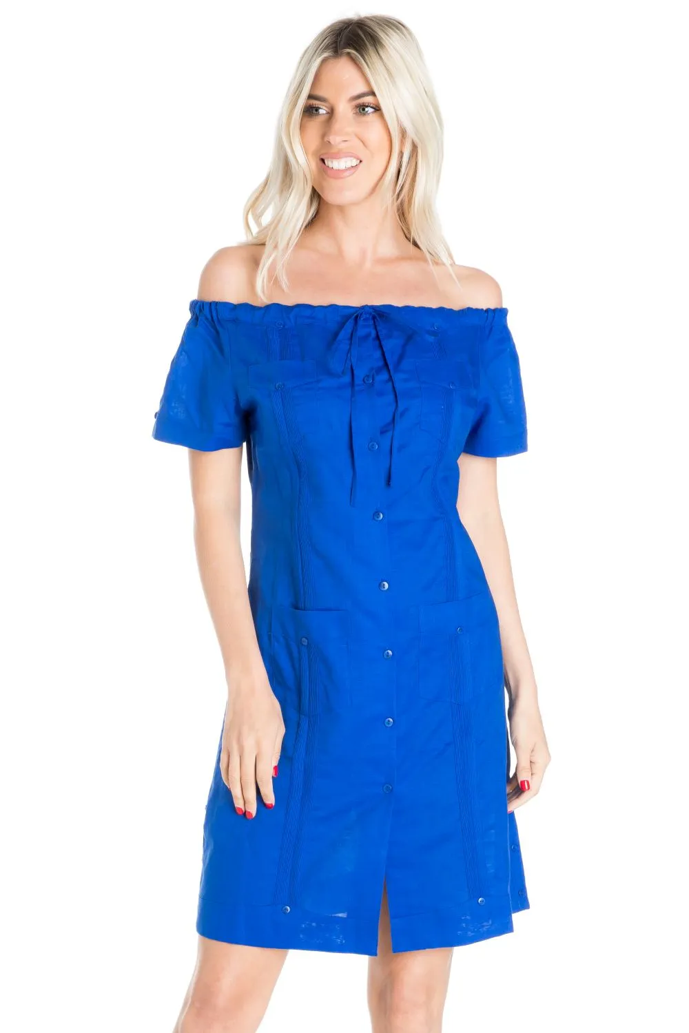 Women's Guayabera Dress Sexy Off Shoulder Linen Blend Button Down