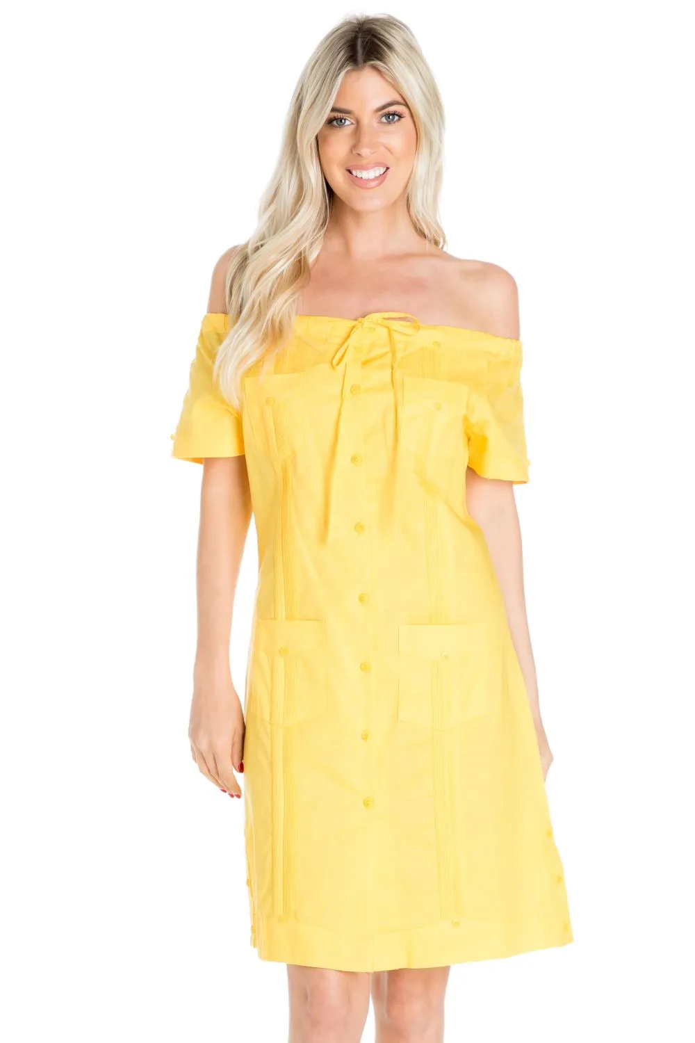 Women's Guayabera Dress Sexy Off Shoulder Linen Blend Button Down