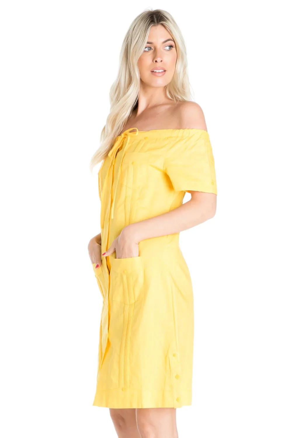 Women's Guayabera Dress Sexy Off Shoulder Linen Blend Button Down