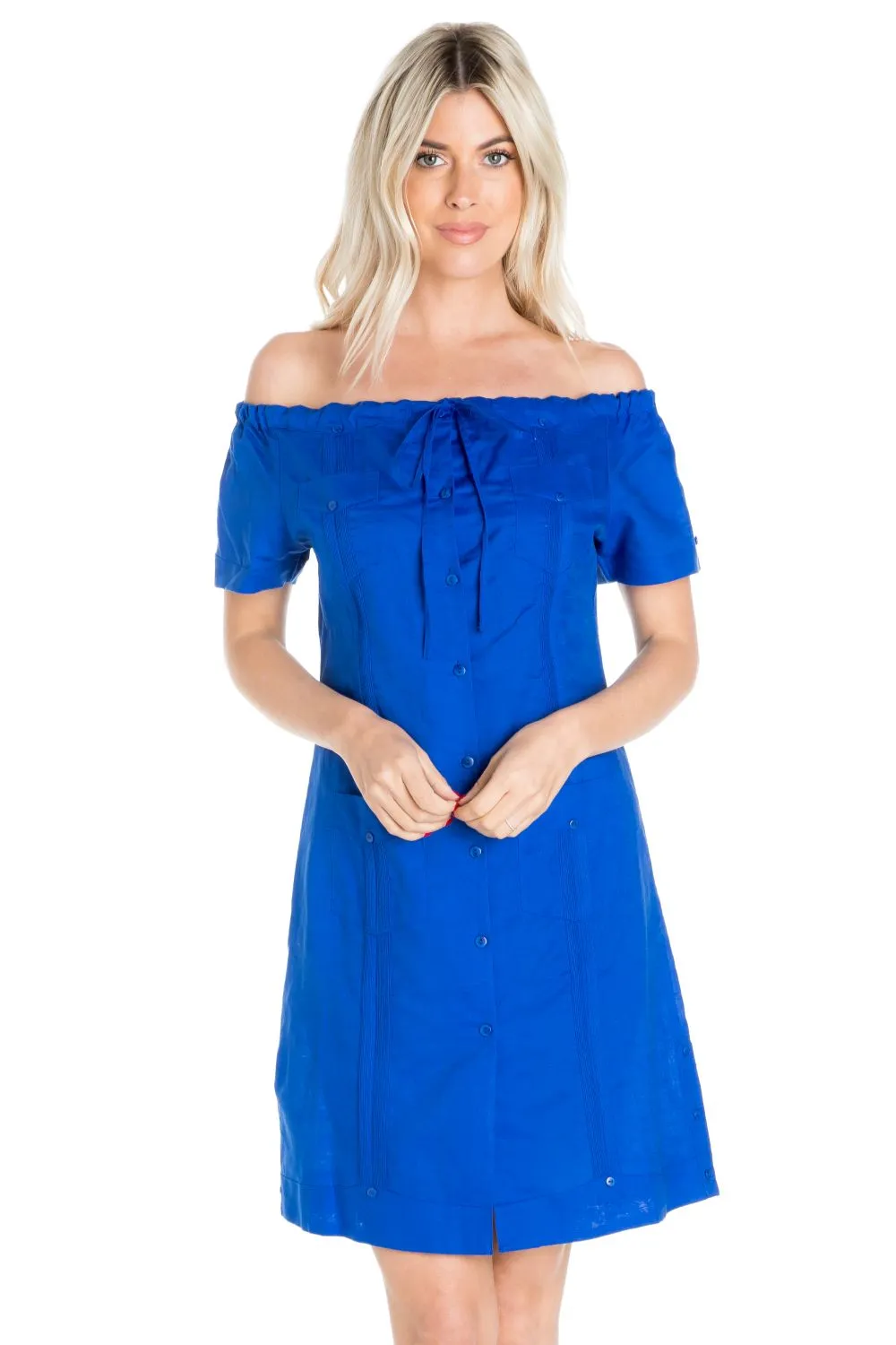 Women's Guayabera Dress Sexy Off Shoulder Linen Blend Button Down