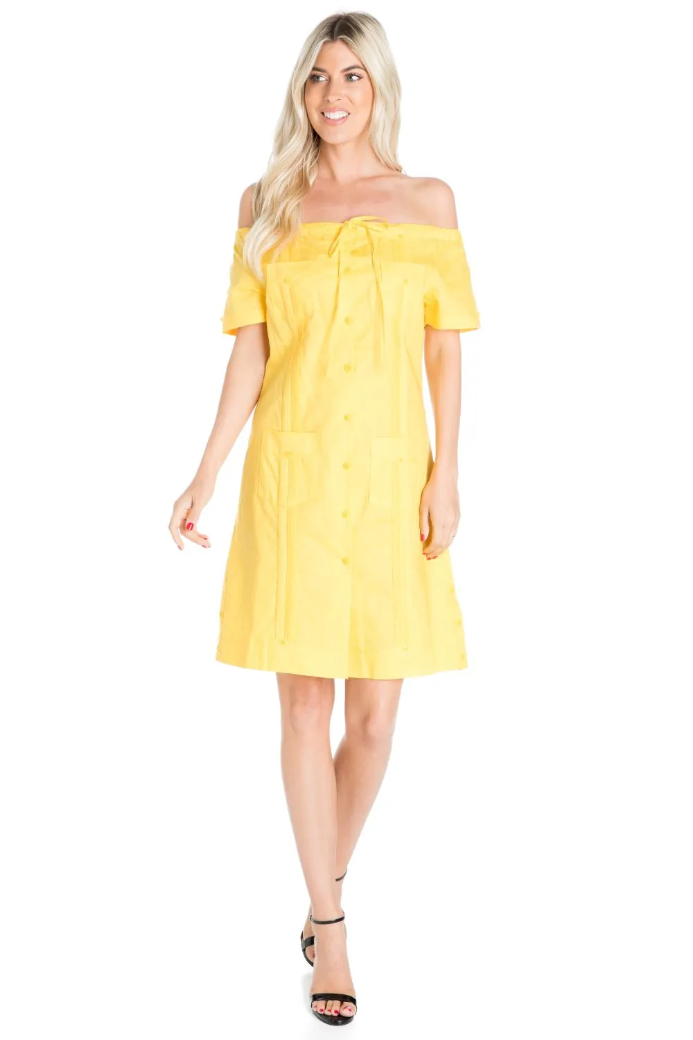 Women's Guayabera Dress Sexy Off Shoulder Linen Blend Button Down