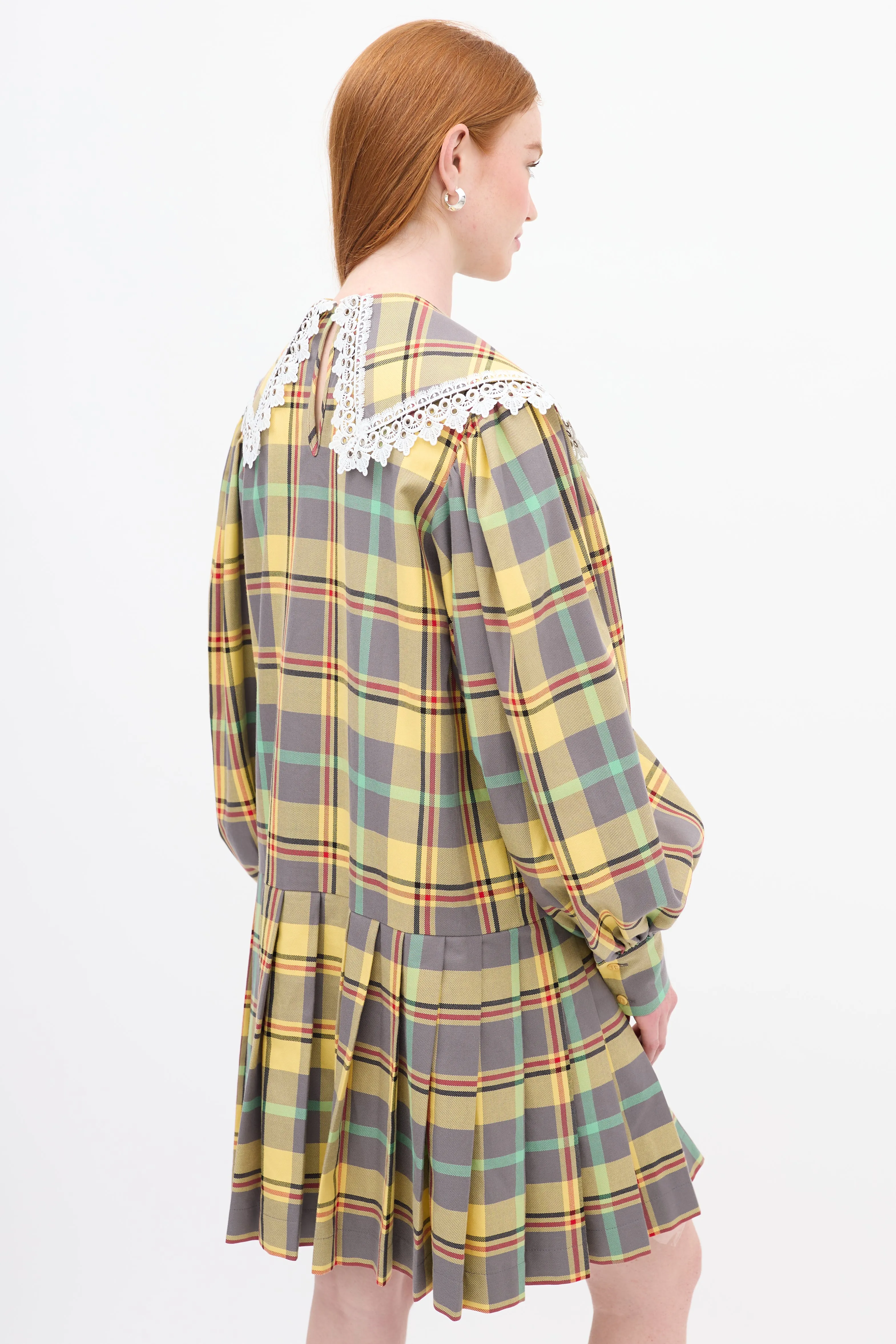 Yellow & Multi Plaid Pleated Babydoll Mini Dress