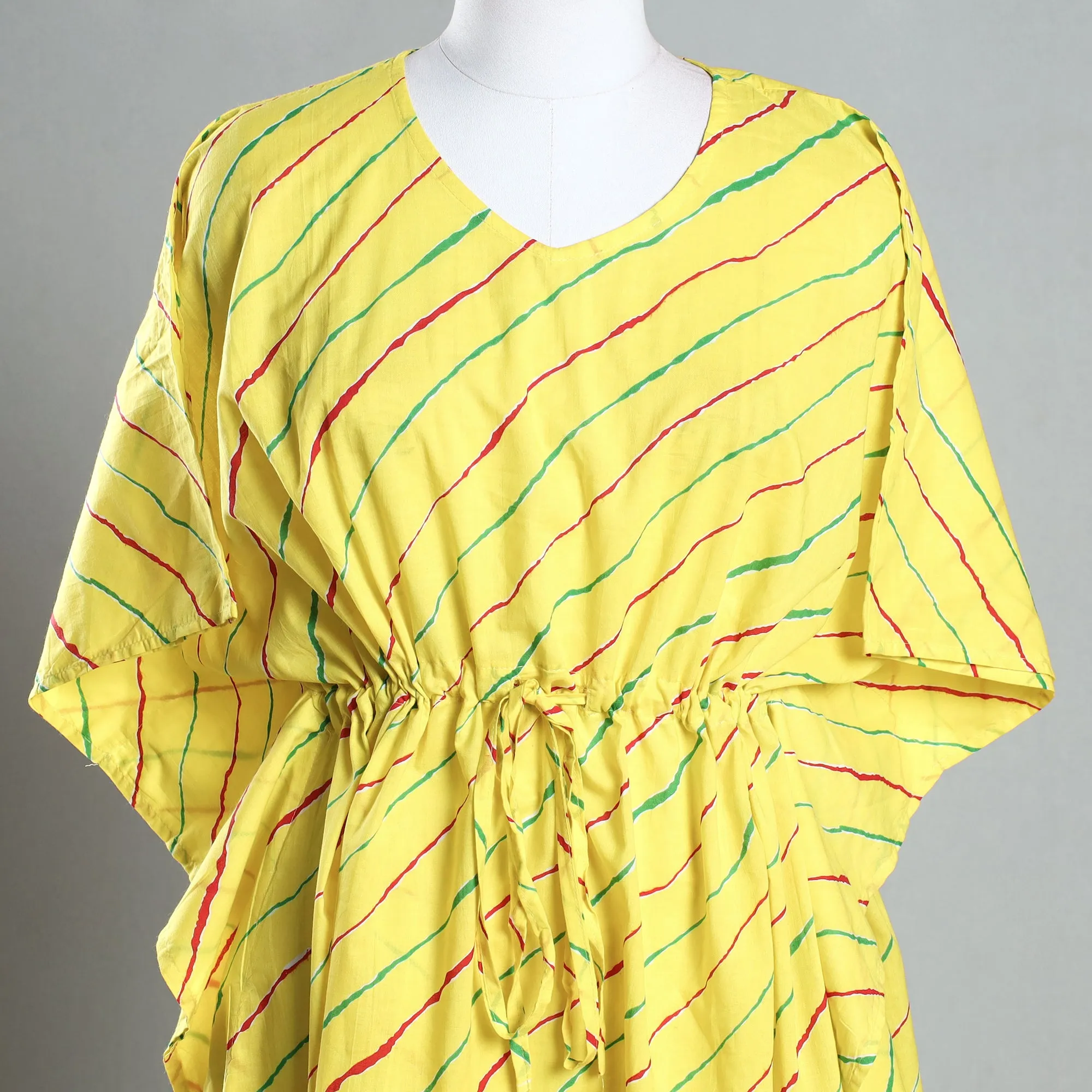 Yellow - Handmade Cotton Fabric Knee Length Kaftan Dress